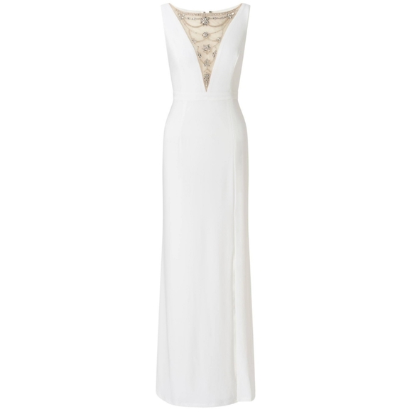 Adrianna Papell Illusion Beaded Neckline Slit Gown Ivory EUC 10 - Picture 1 of 7